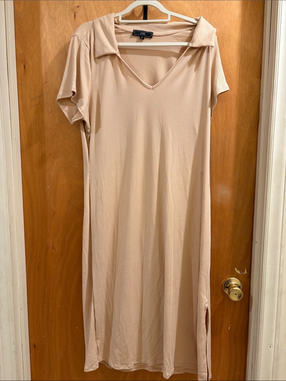 Vibe Cream Ribbed V-Neck Collared Midi Dress